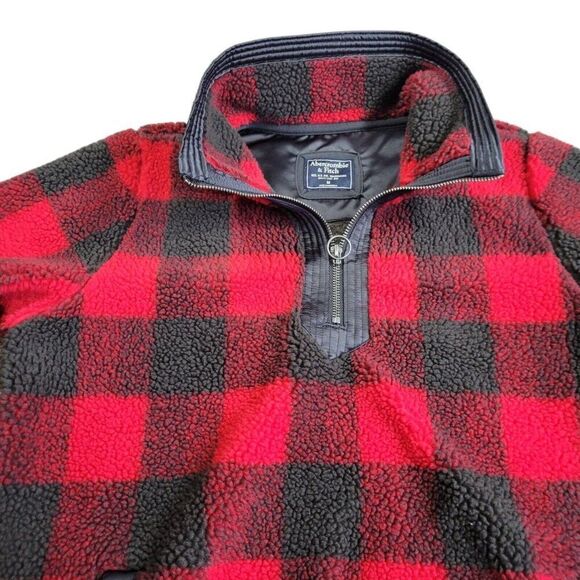 Abercrombie Fitch Jacket Pullover Mens Medium Red Gray Sherpa 1/4 Zip Mock Plaid - Picture 1 of 6